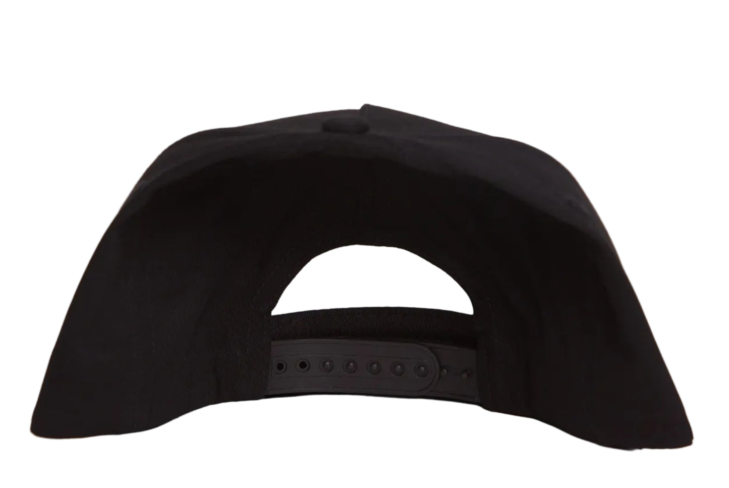 Black flat bill hat featuring an image of a pizza and french fries skiing down a hill