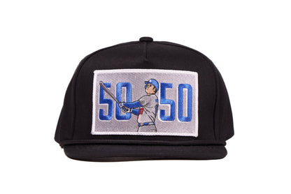 Blue baseball hat with 'Shohei Ohtani 50-50' logo on embroidered patch