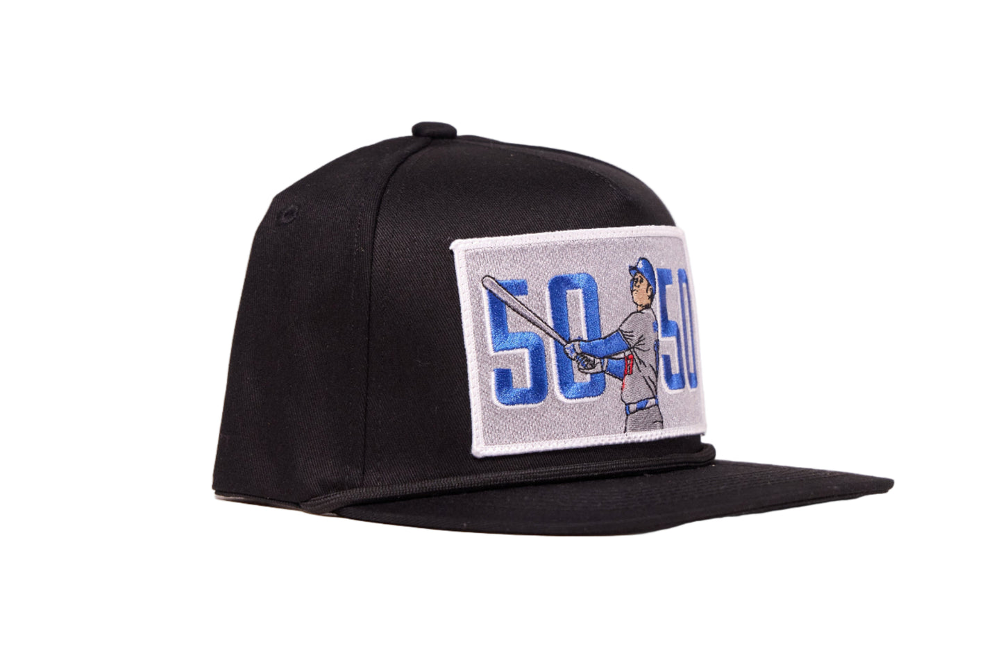 Blue baseball hat with 'Shohei Ohtani 50-50' logo on embroidered patch