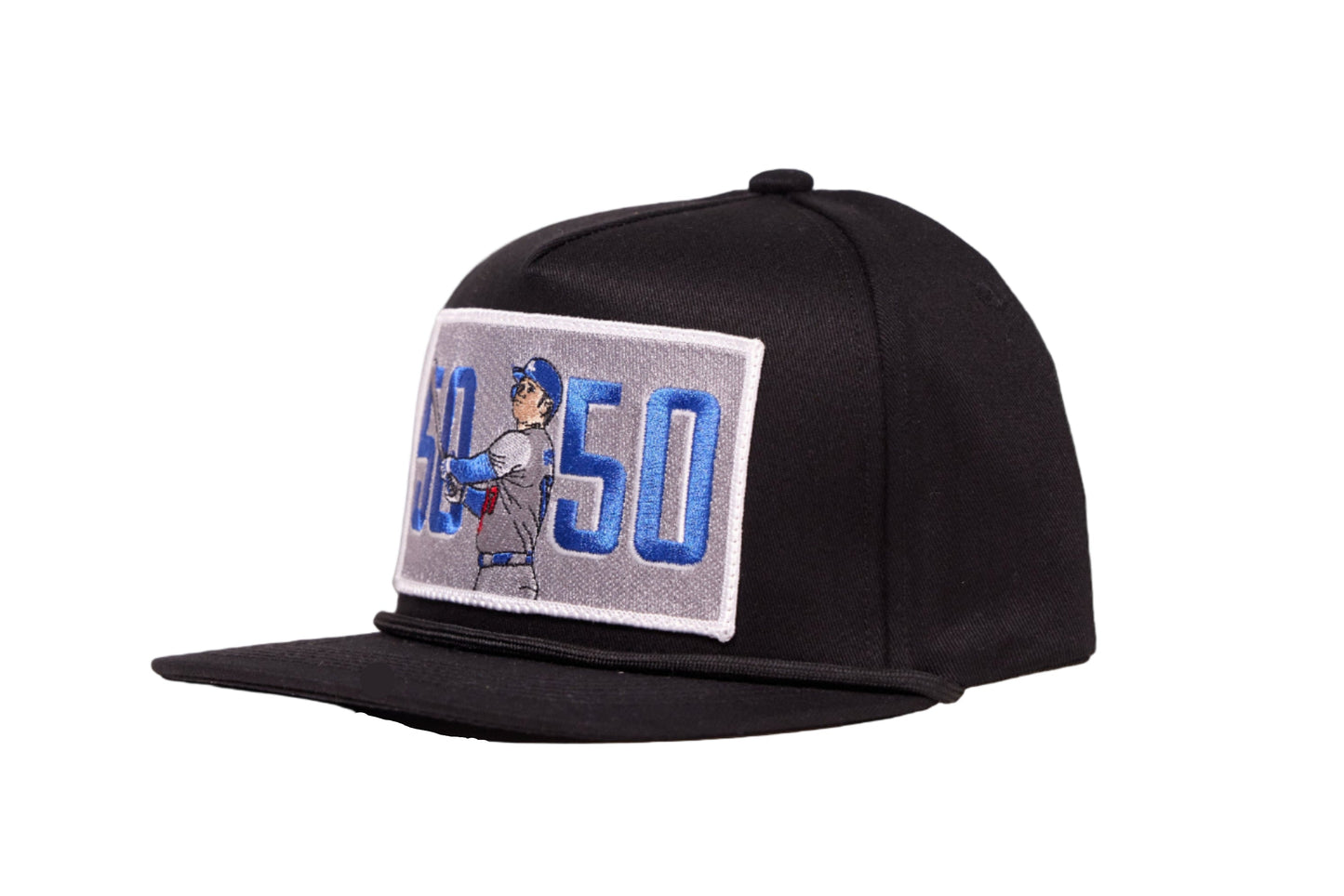 Blue baseball hat with 'Shohei Ohtani 50-50' logo on embroidered patch