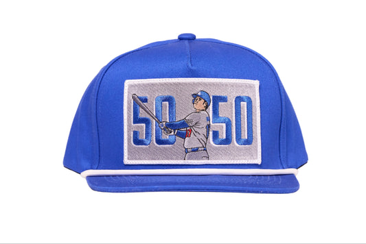 Blue baseball hat with 'Shohei Ohtani 50-50' logo on embroidered patch