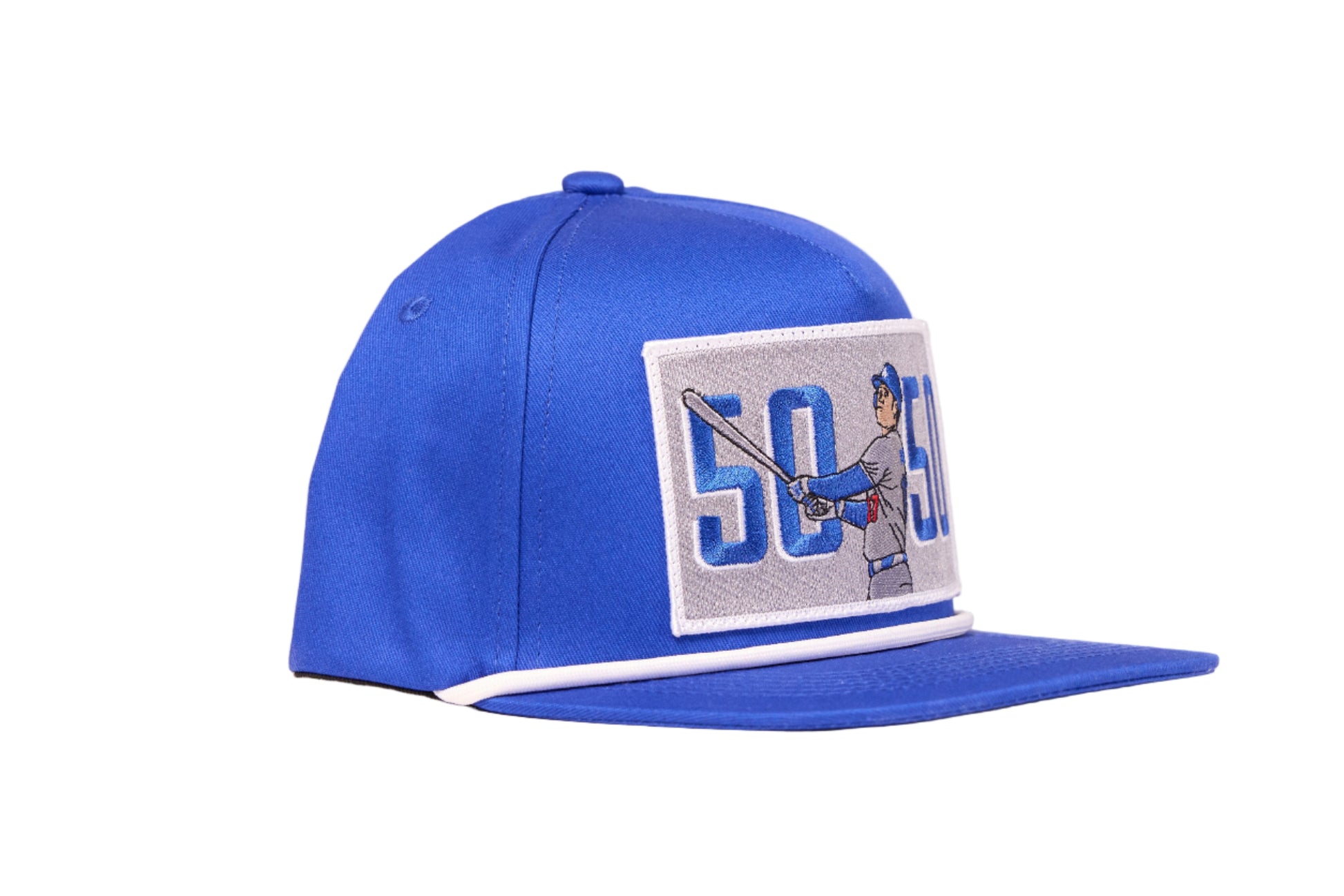 Blue baseball hat with 'Shohei Ohtani 50-50' logo on embroidered patch