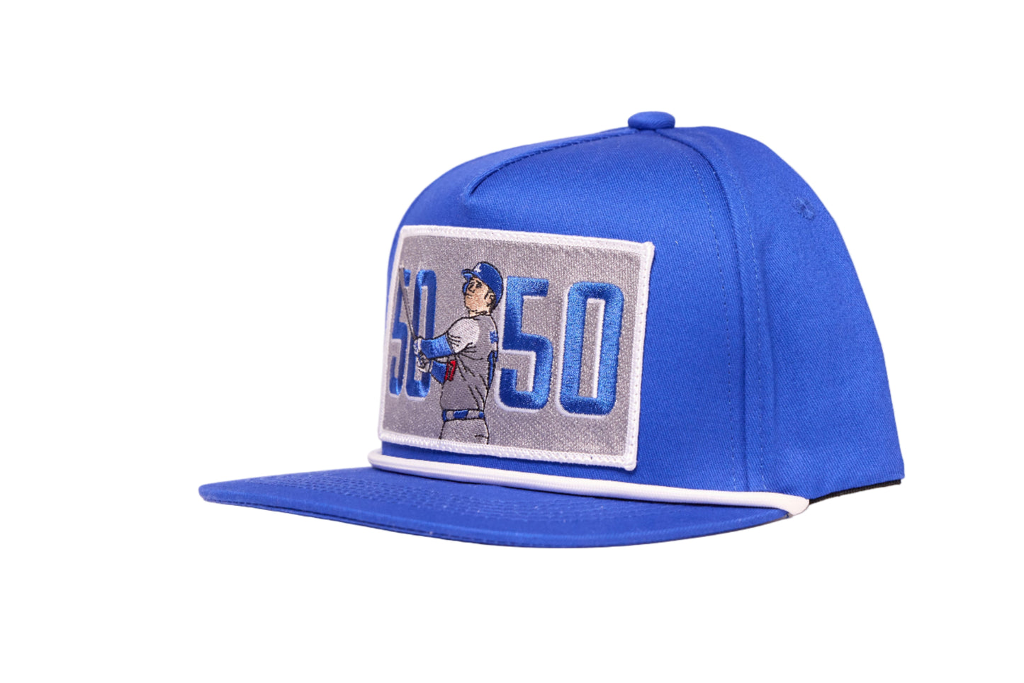 Blue baseball hat with 'Shohei Ohtani 50-50' logo on embroidered patch