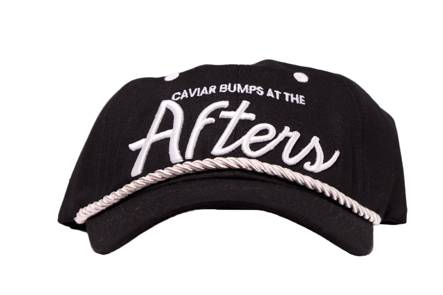 Black dad hat with white text script on a white background.  Text reads Caviar Bumps at the Afters