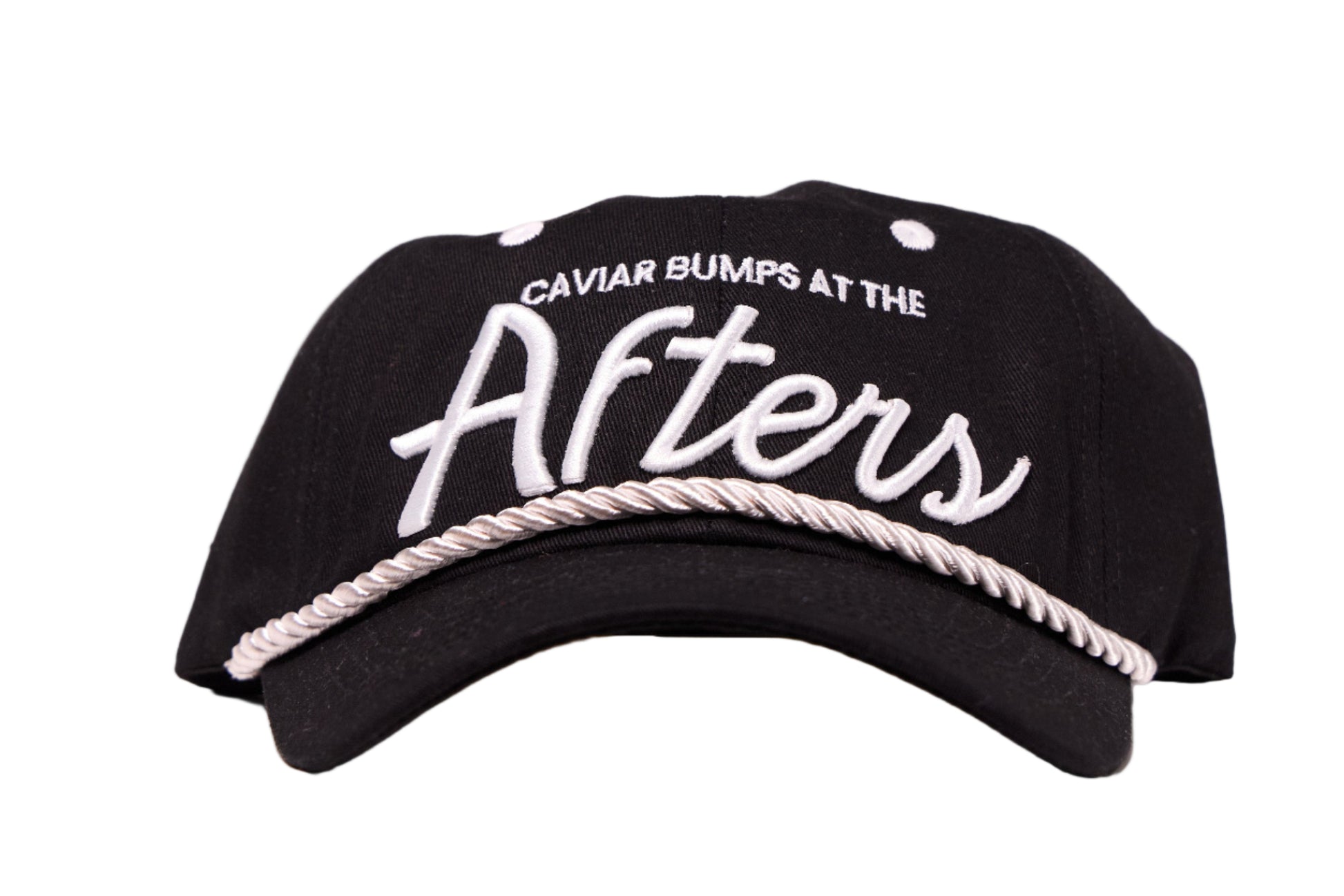 Black dad hat with white text script on a white background.  Text reads Caviar Bumps at the Afters