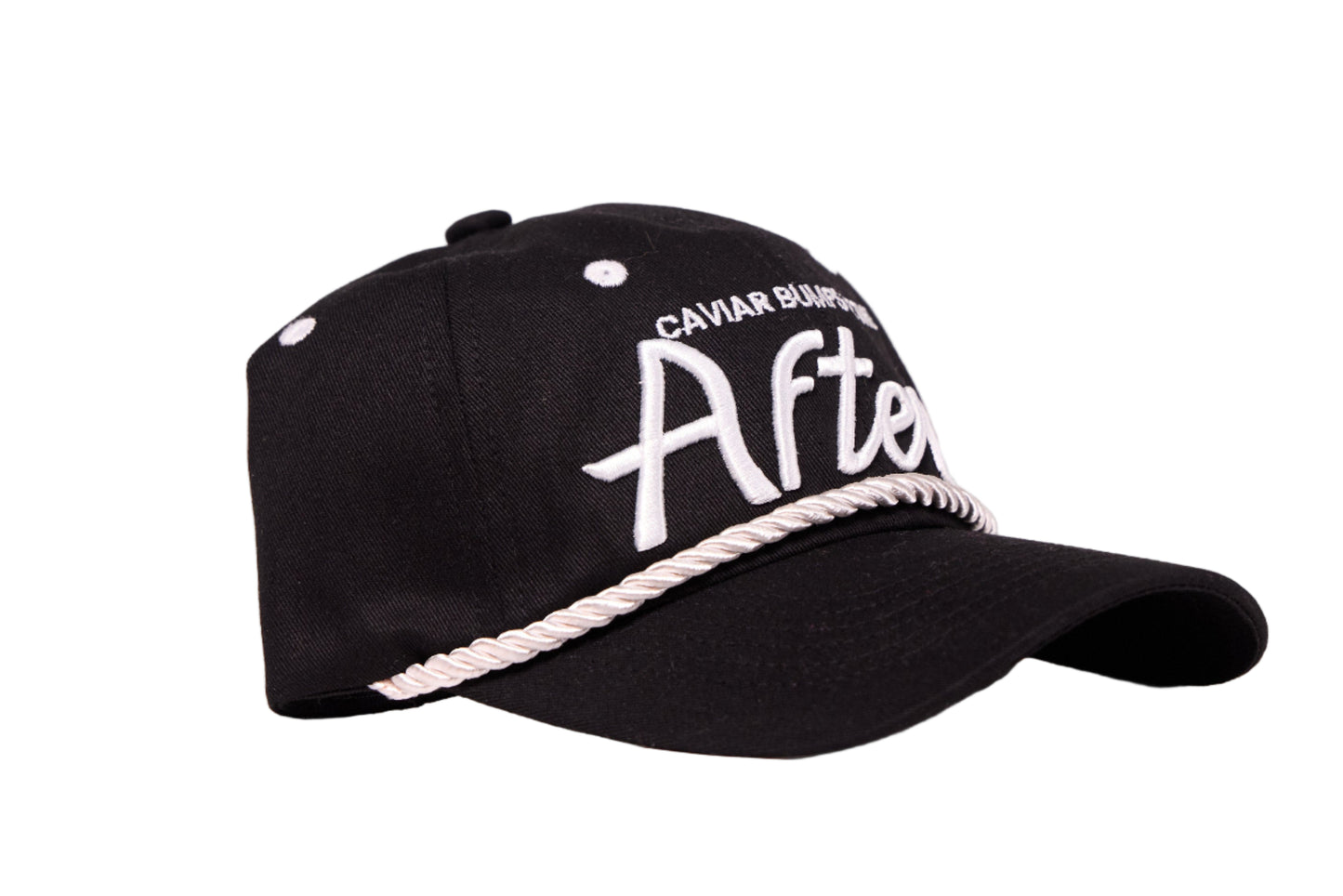 Black dad hat with white text script on a white background.  Text reads Caviar Bumps at the Afters
