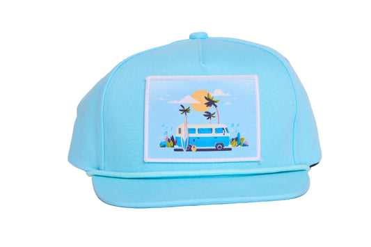 Light blue hat with a beach bus scene on the front patch