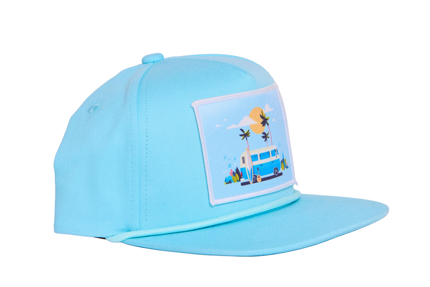 Light blue hat with a beach bus scene on the front patch