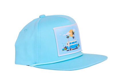 Light blue hat with a beach bus scene on the front patch