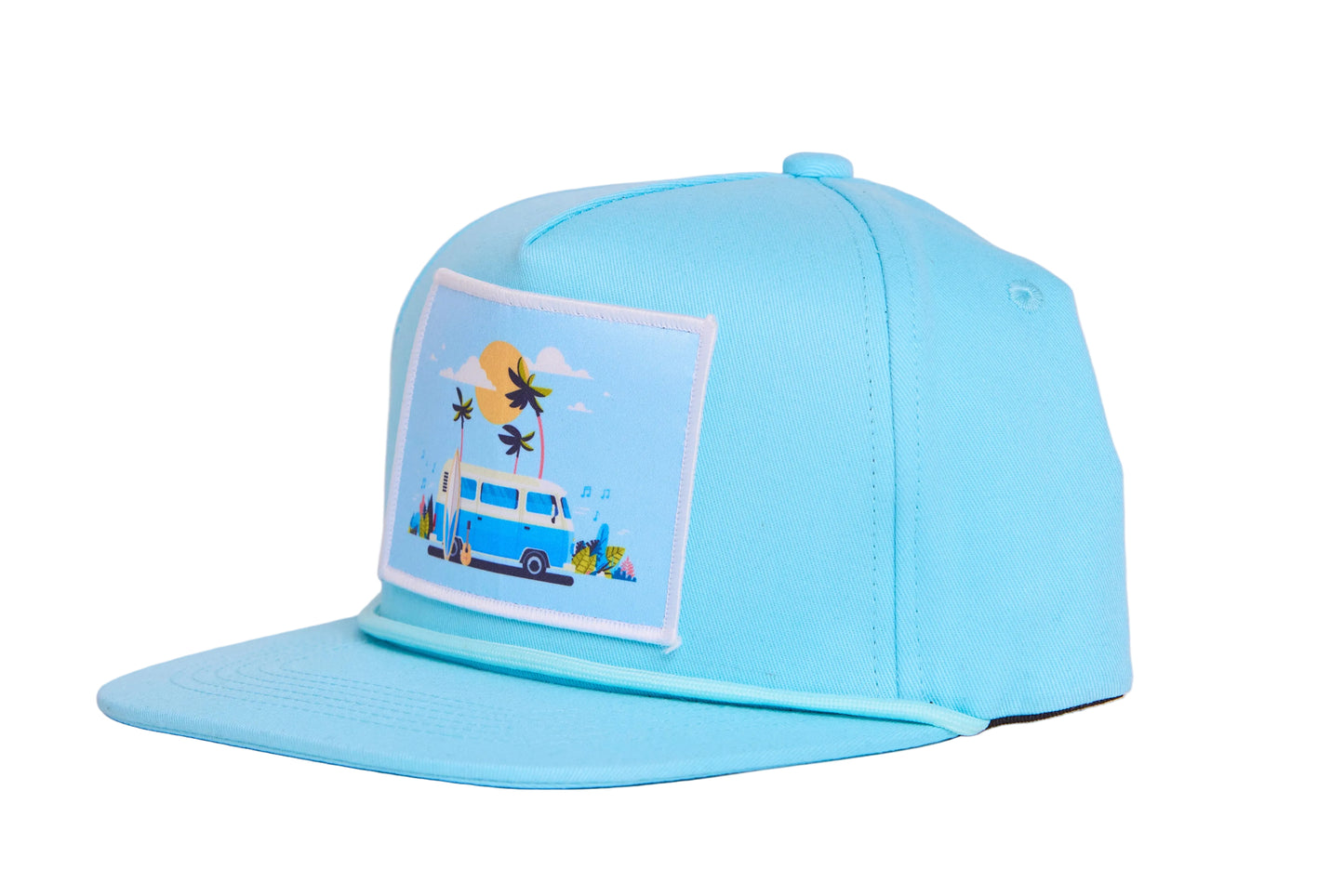 Light blue hat with a beach bus scene on the front patch
