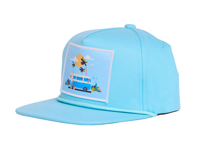 Light blue hat with a beach bus scene on the front patch