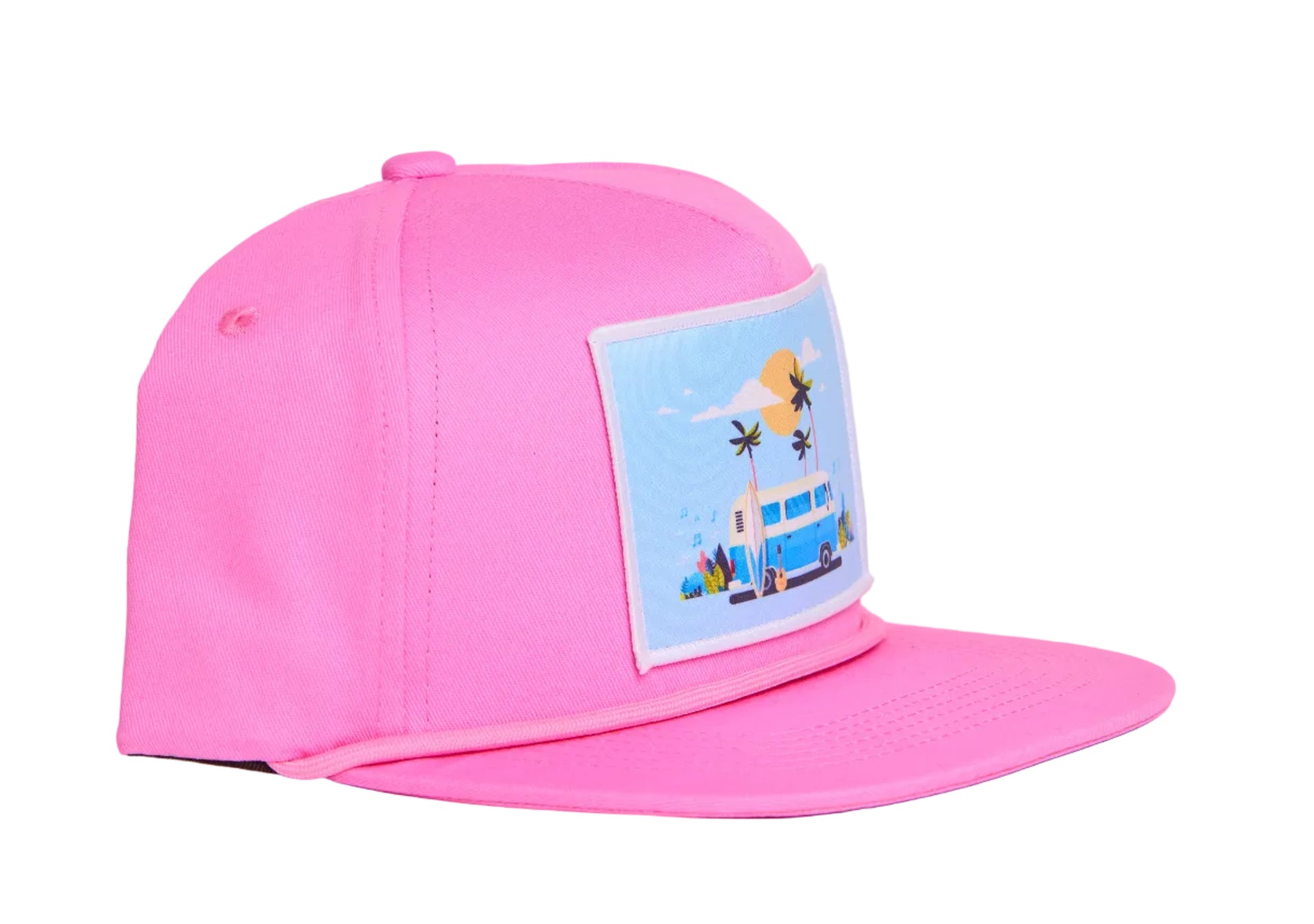 Light pink hat with a beach bus scene on the front patch