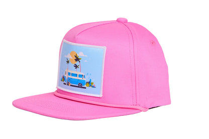 Light pink hat with a beach bus scene on the front patch