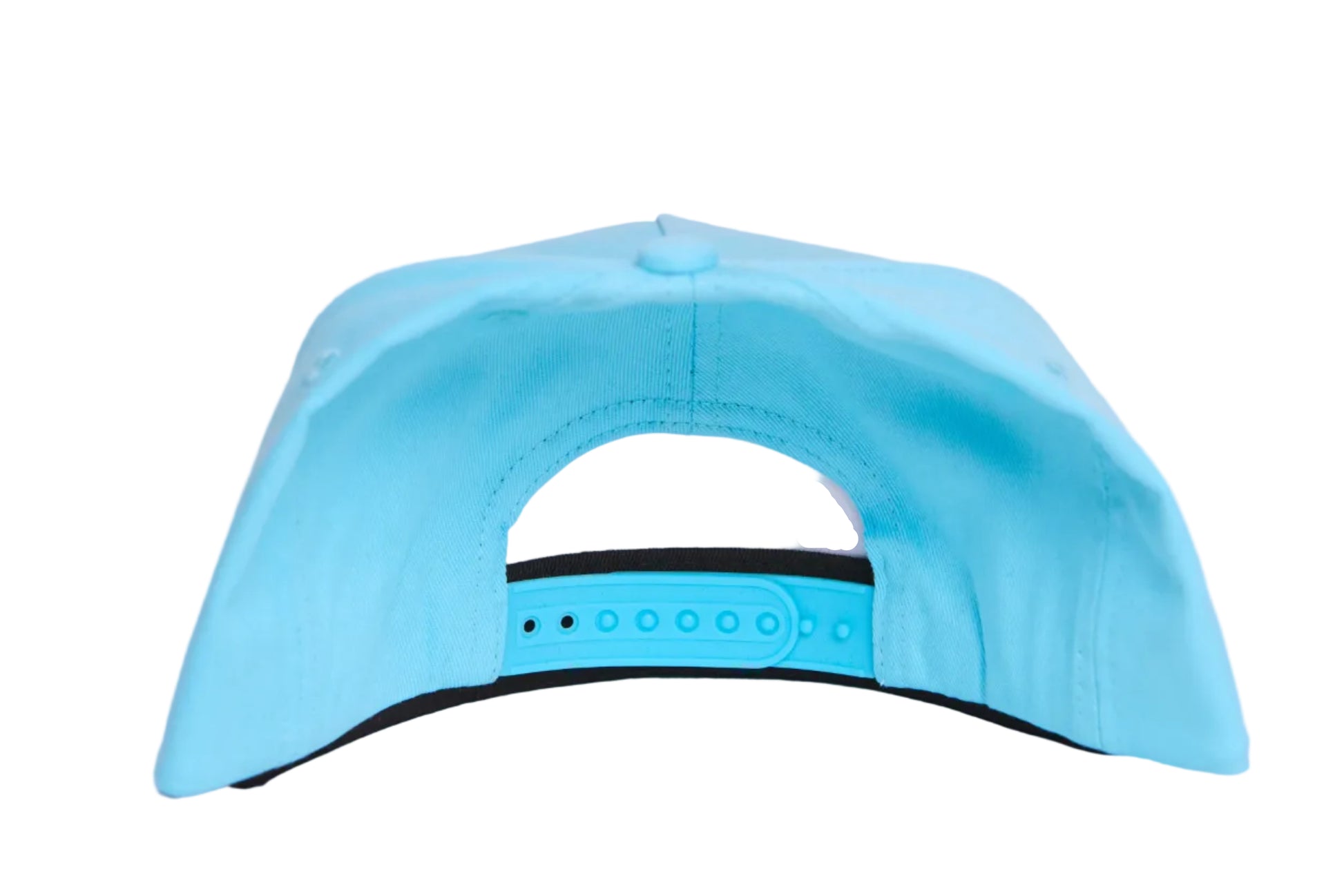 Baby blue flat bill hat with a timeless scene of a woman walking along a beach whilst carrying a surfboard