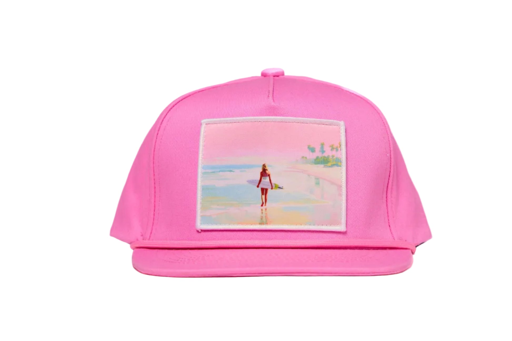 Pink flat bill hat with a timeless scene of a woman walking along a beach whilst carrying a surfboard