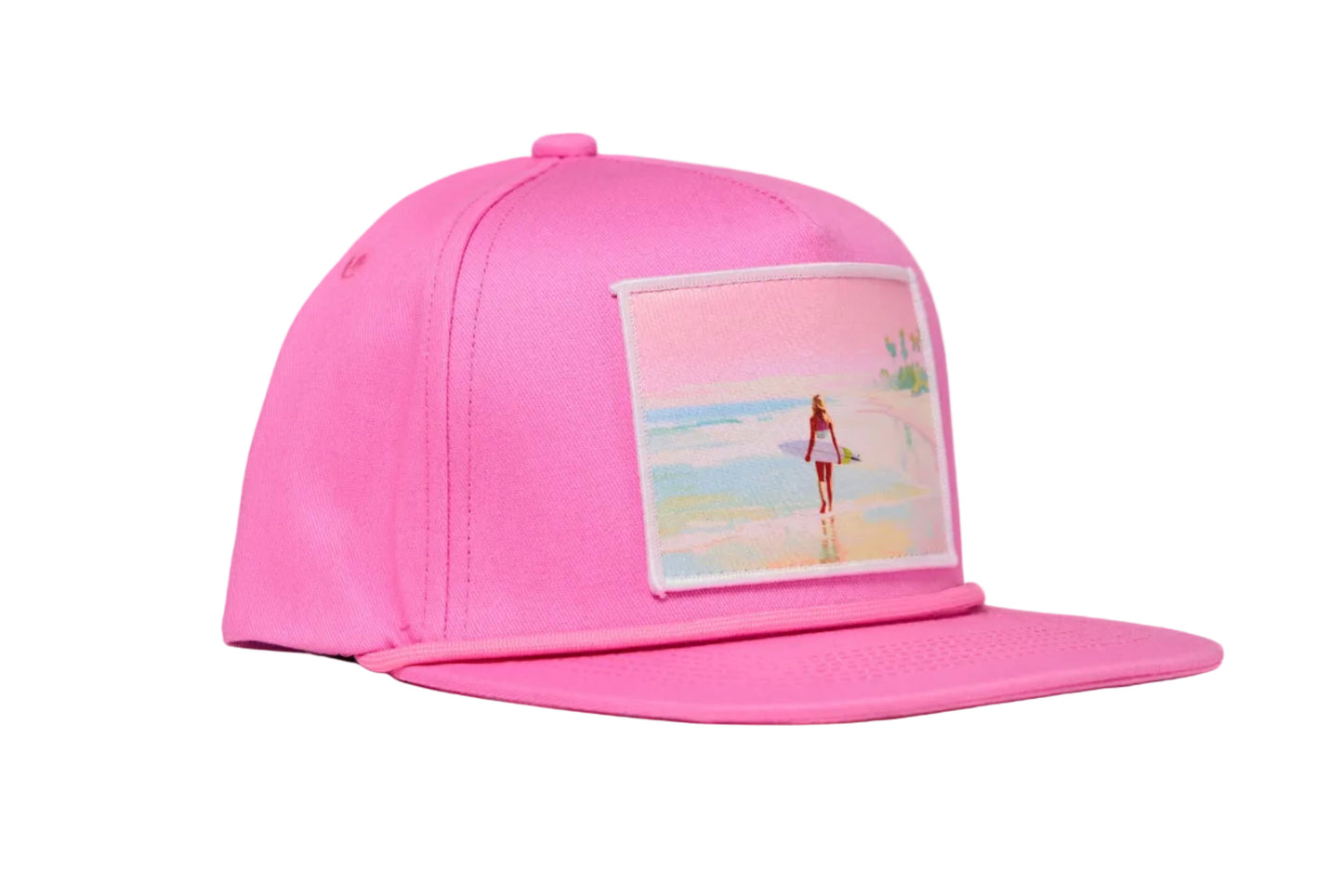 Pink flat bill hat with a timeless scene of a woman walking along a beach whilst carrying a surfboard