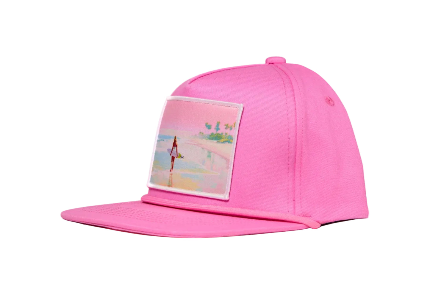 Pink flat bill hat with a timeless scene of a woman walking along a beach whilst carrying a surfboard