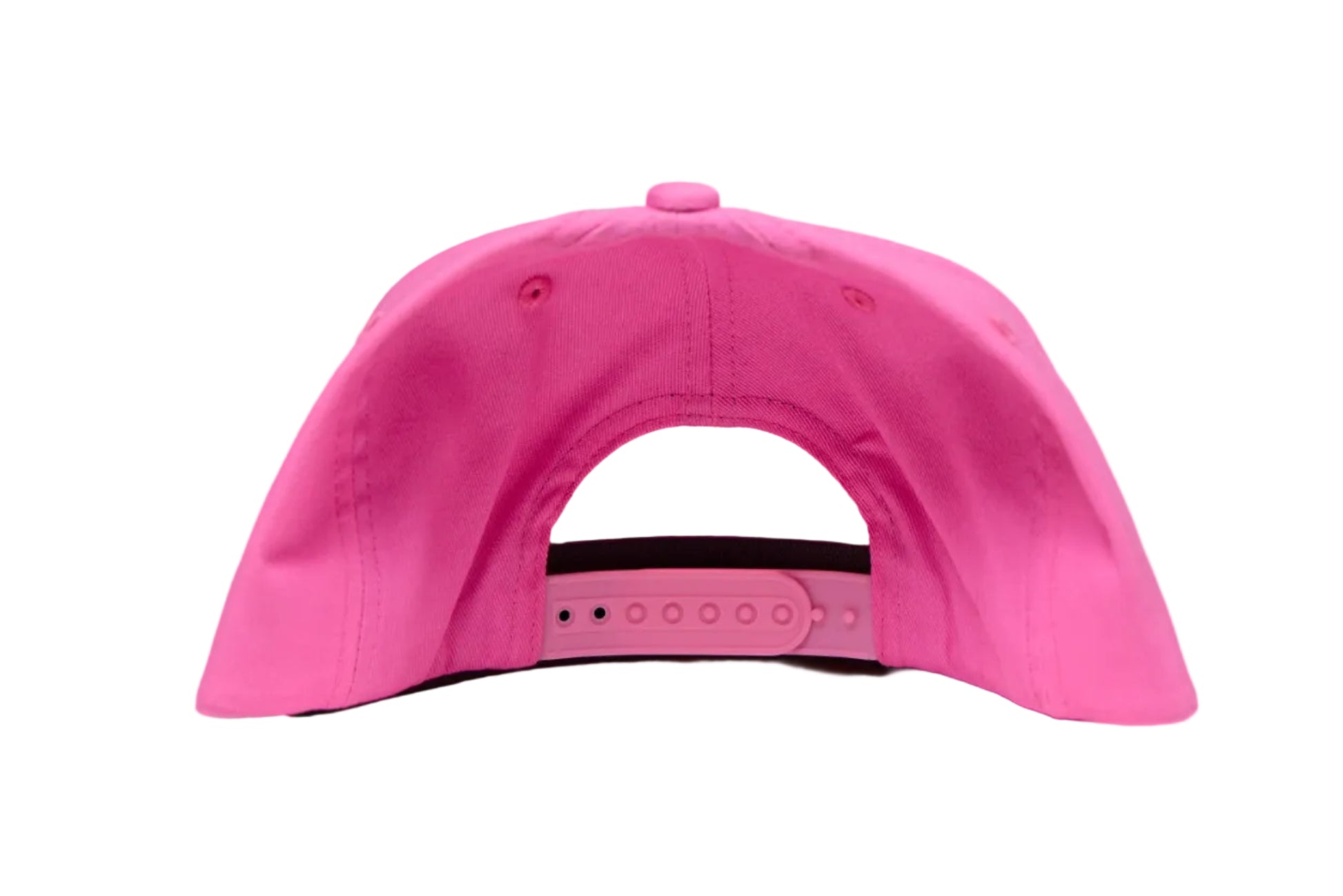 Pink flat bill hat with a timeless scene of a woman walking along a beach whilst carrying a surfboard