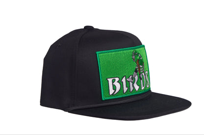 Black hat featuring Saquon Barkley in his iconic backwards hurdle on a green patch