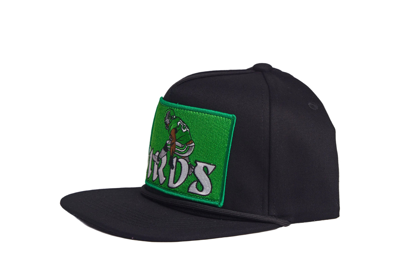 Black hat featuring Saquon Barkley in his iconic backwards hurdle on a green patch