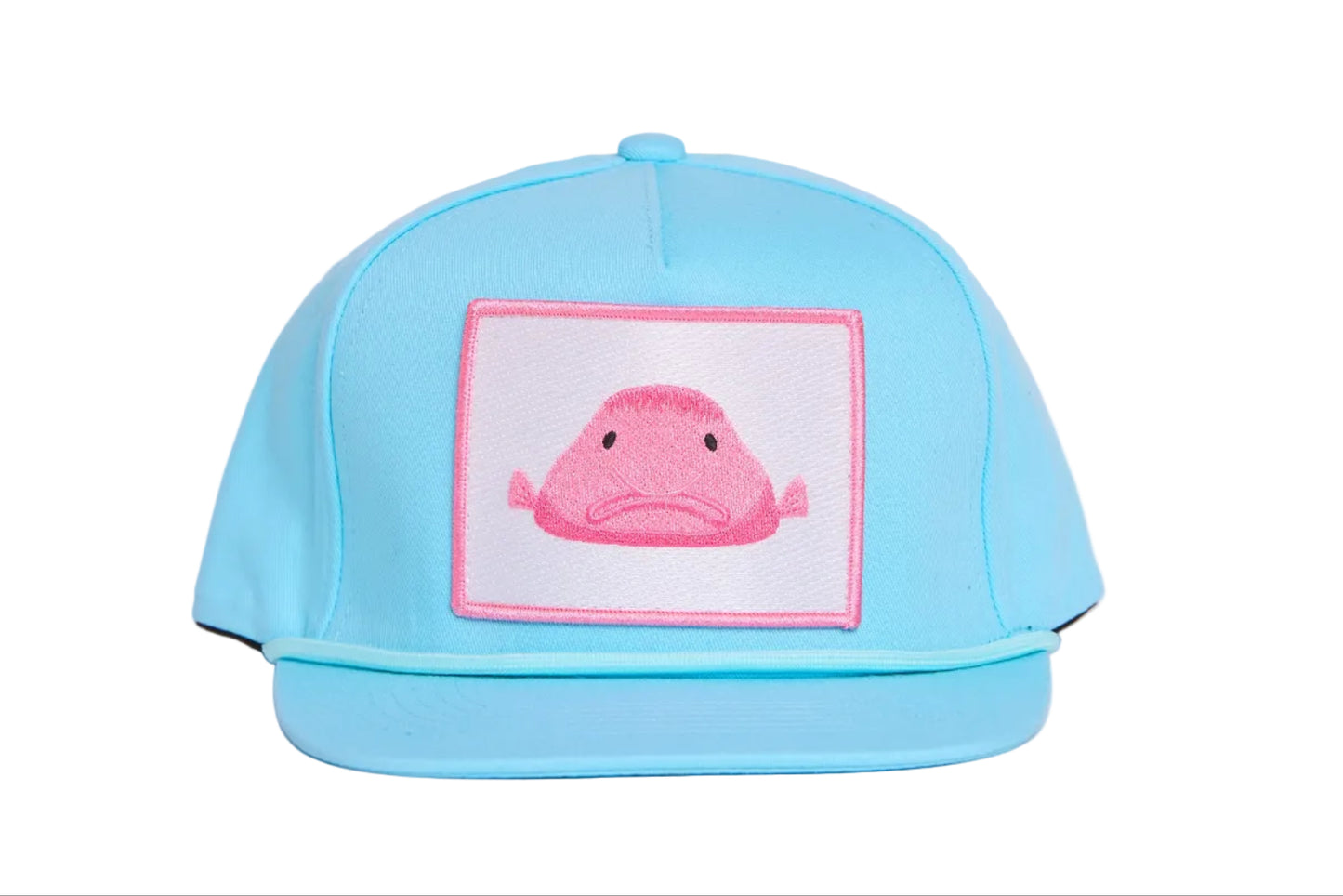 Baby blue flat-bill hat with a pink blobfish patch