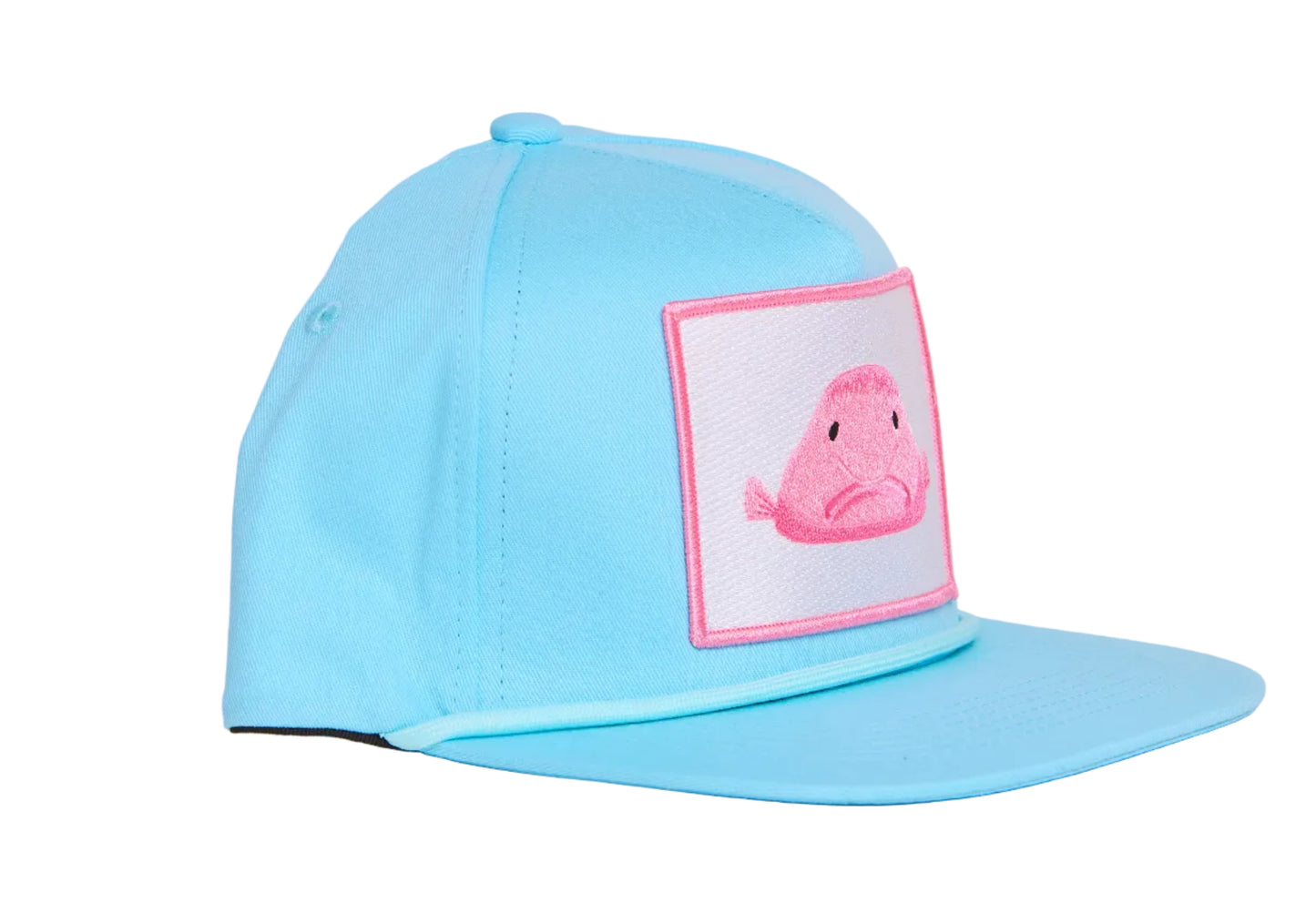 Baby blue flat-bill hat with a pink blobfish patch