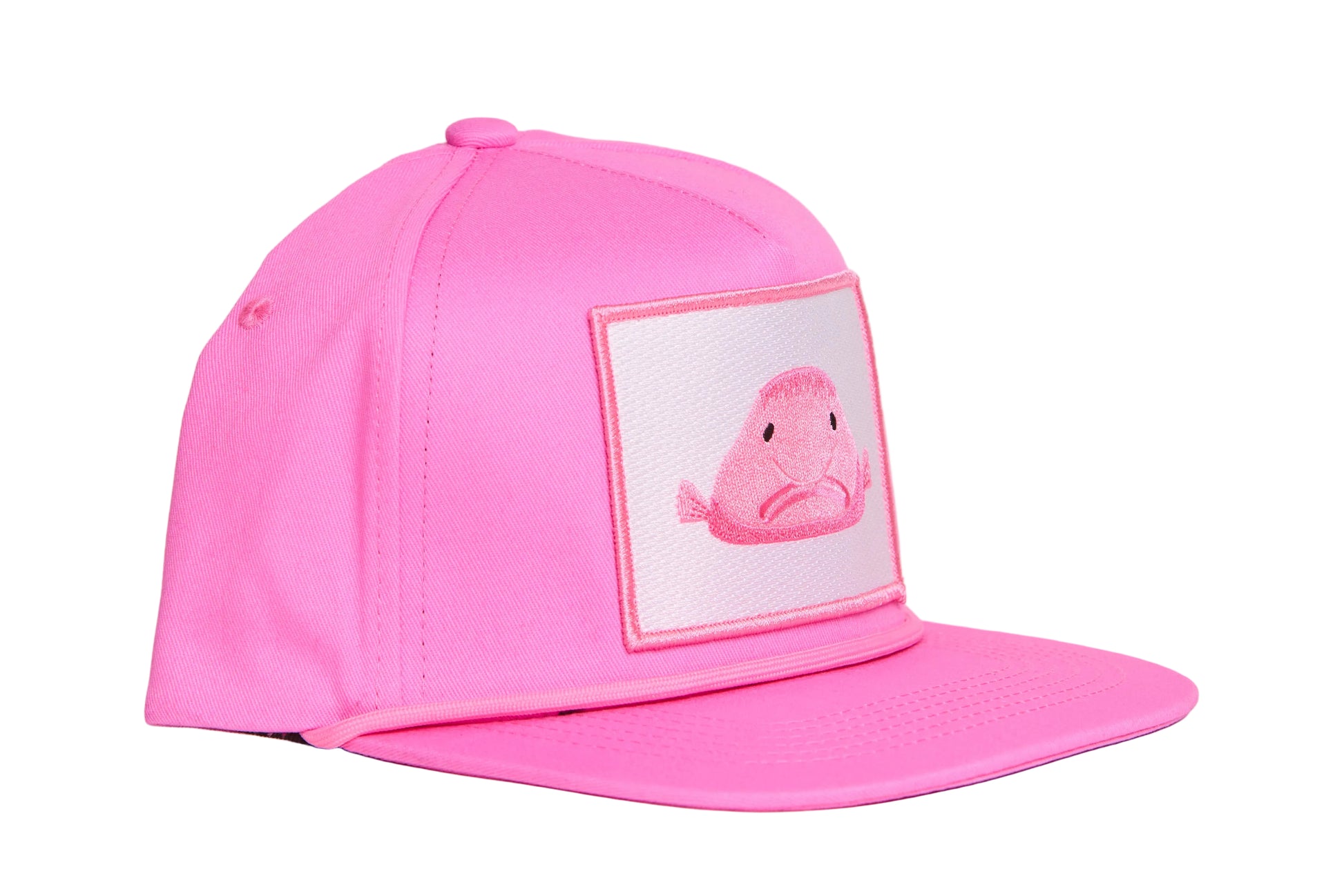 Light pink flat-bill hat with a pink blobfish patch