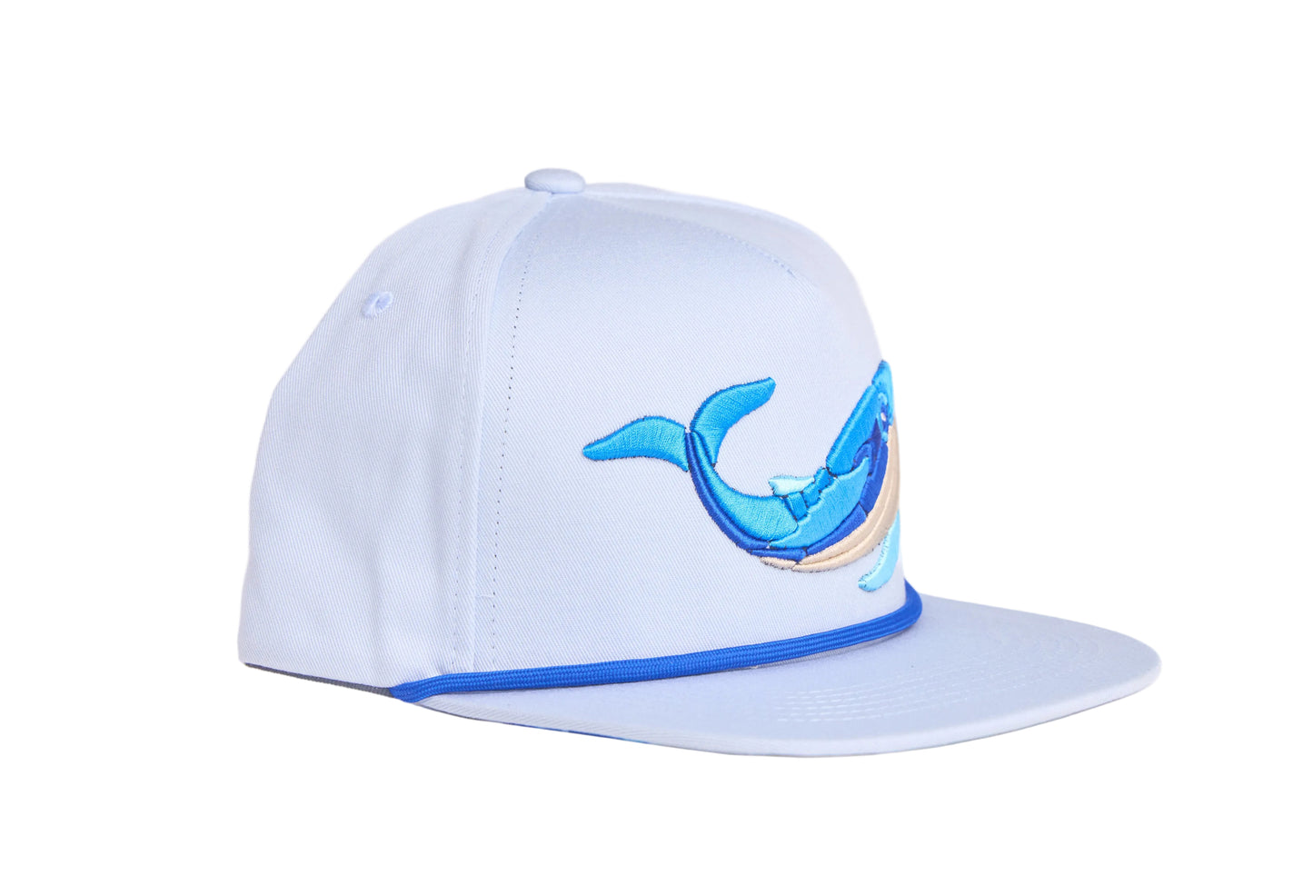 Light grey flat-bill hat with embroidered blue whale design and a breaking wave design on the underside of the bill