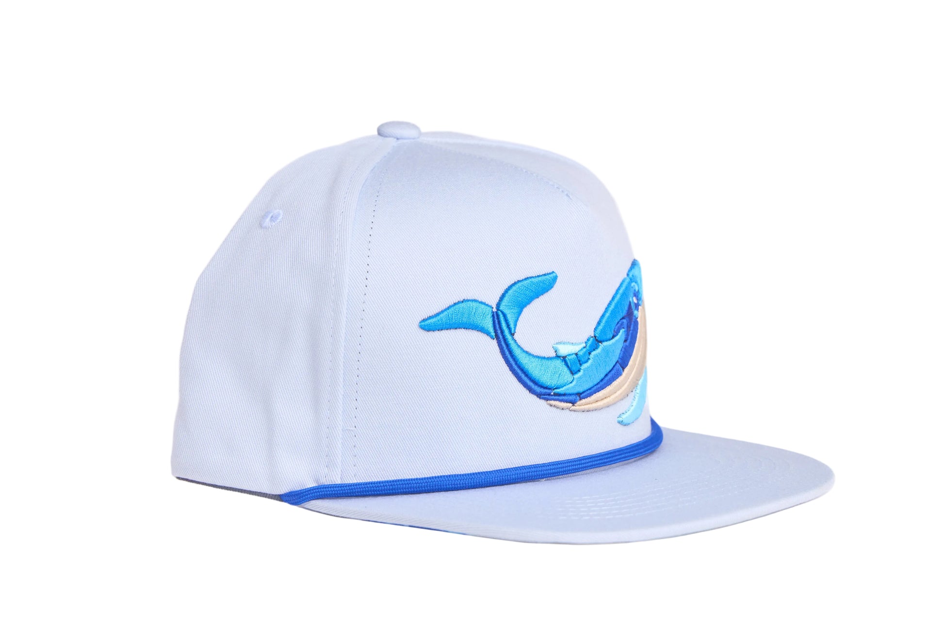 Light grey flat-bill hat with embroidered blue whale design and a breaking wave design on the underside of the bill