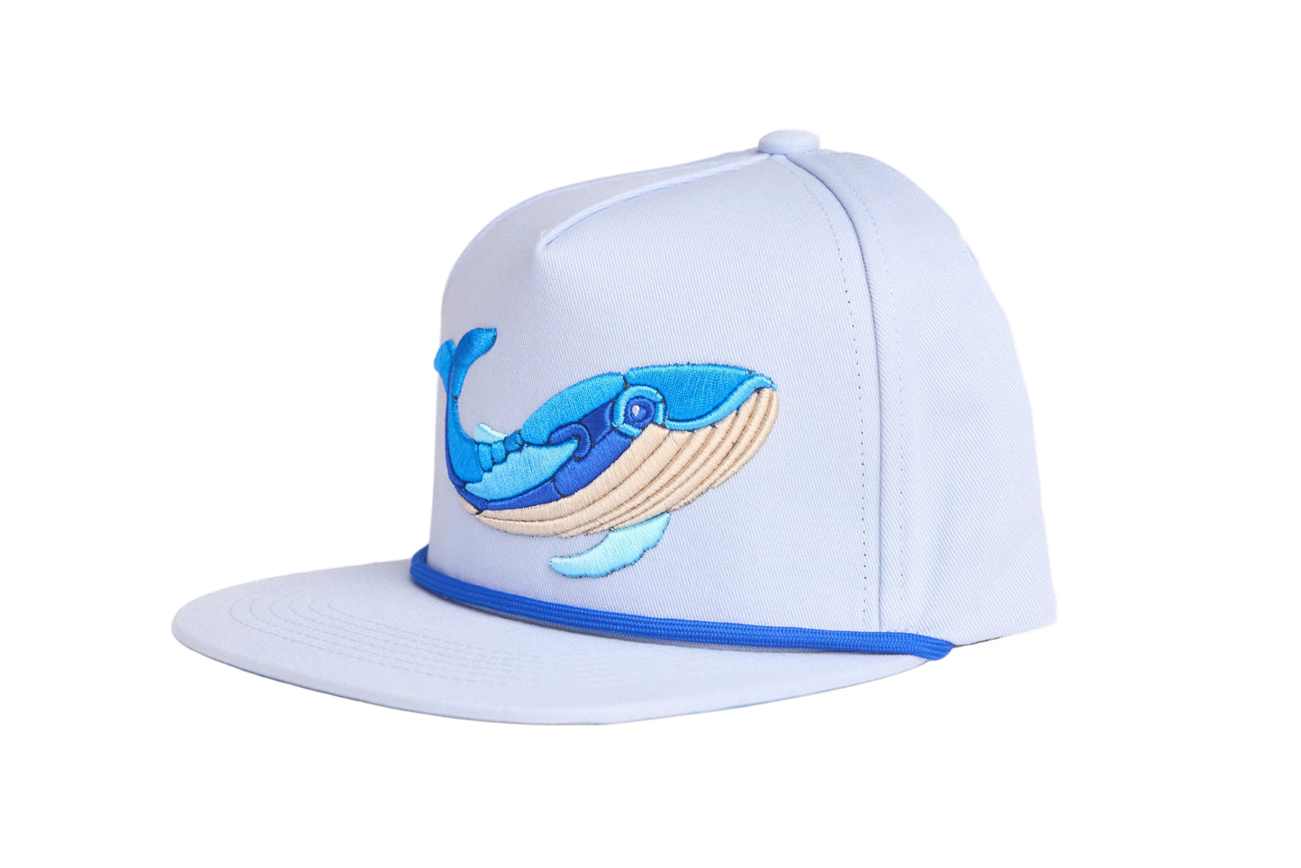 Light grey flat-bill hat with embroidered blue whale design and a breaking wave design on the underside of the bill