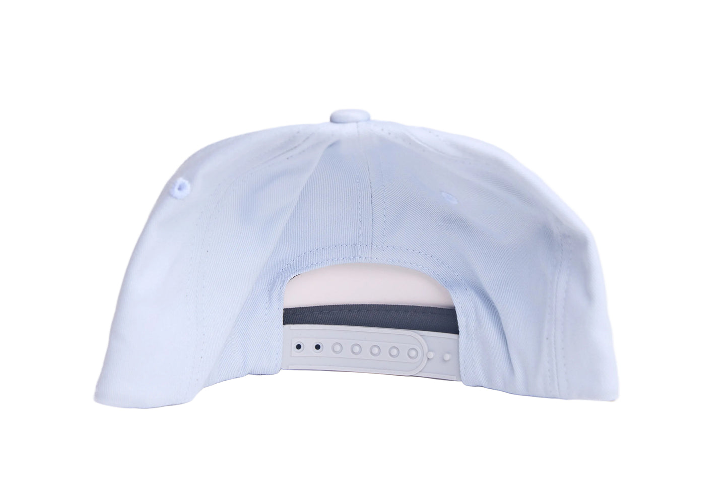 Light grey flat-bill hat with embroidered blue whale design and a breaking wave design on the underside of the bill