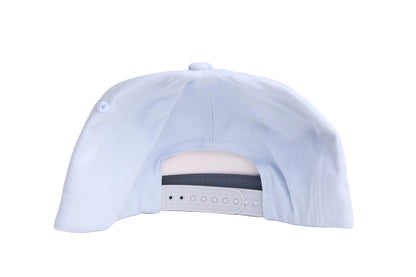 Light grey flat-bill hat with embroidered blue whale design and a breaking wave design on the underside of the bill