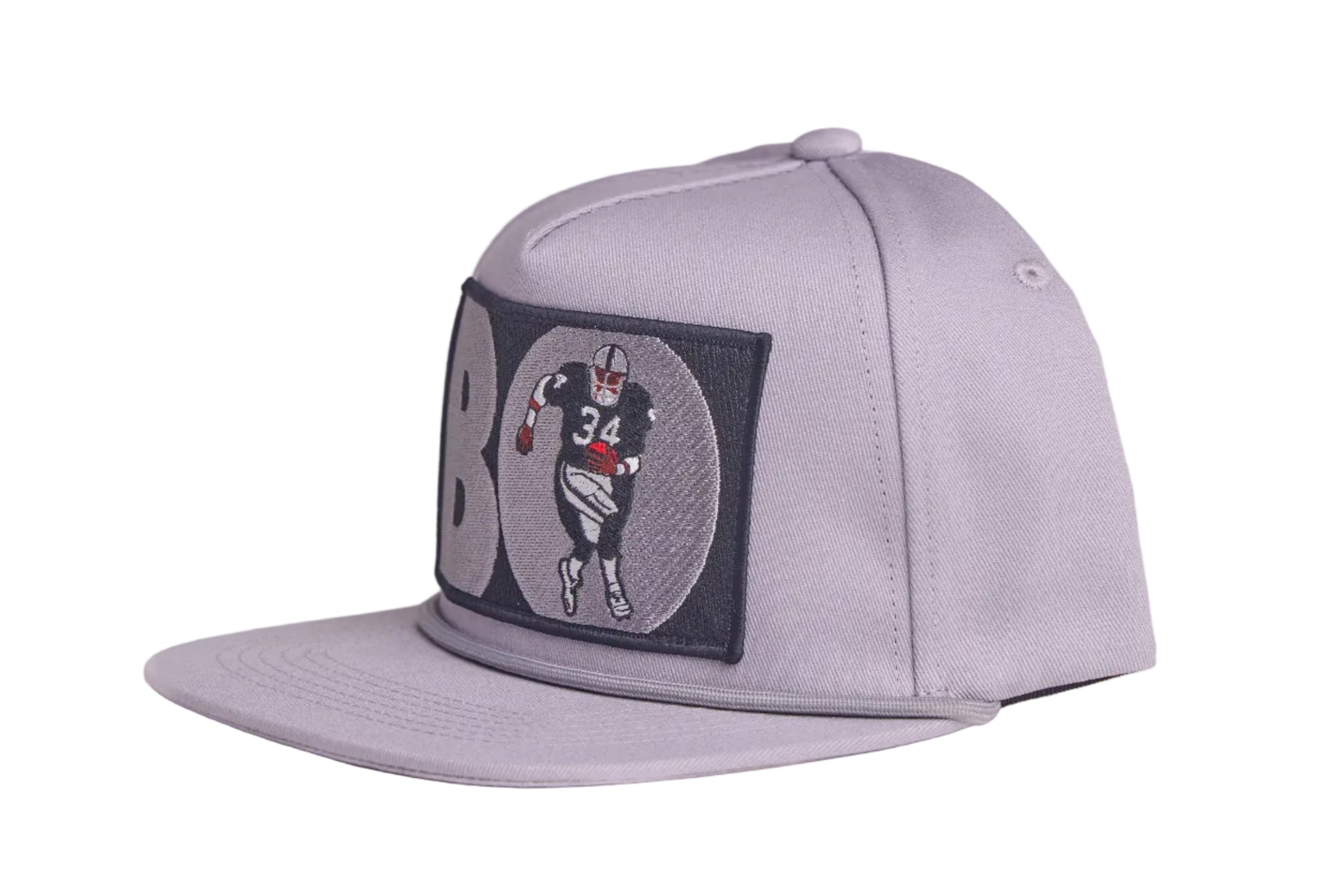 Silver hat with Bo Jackson patch on the front