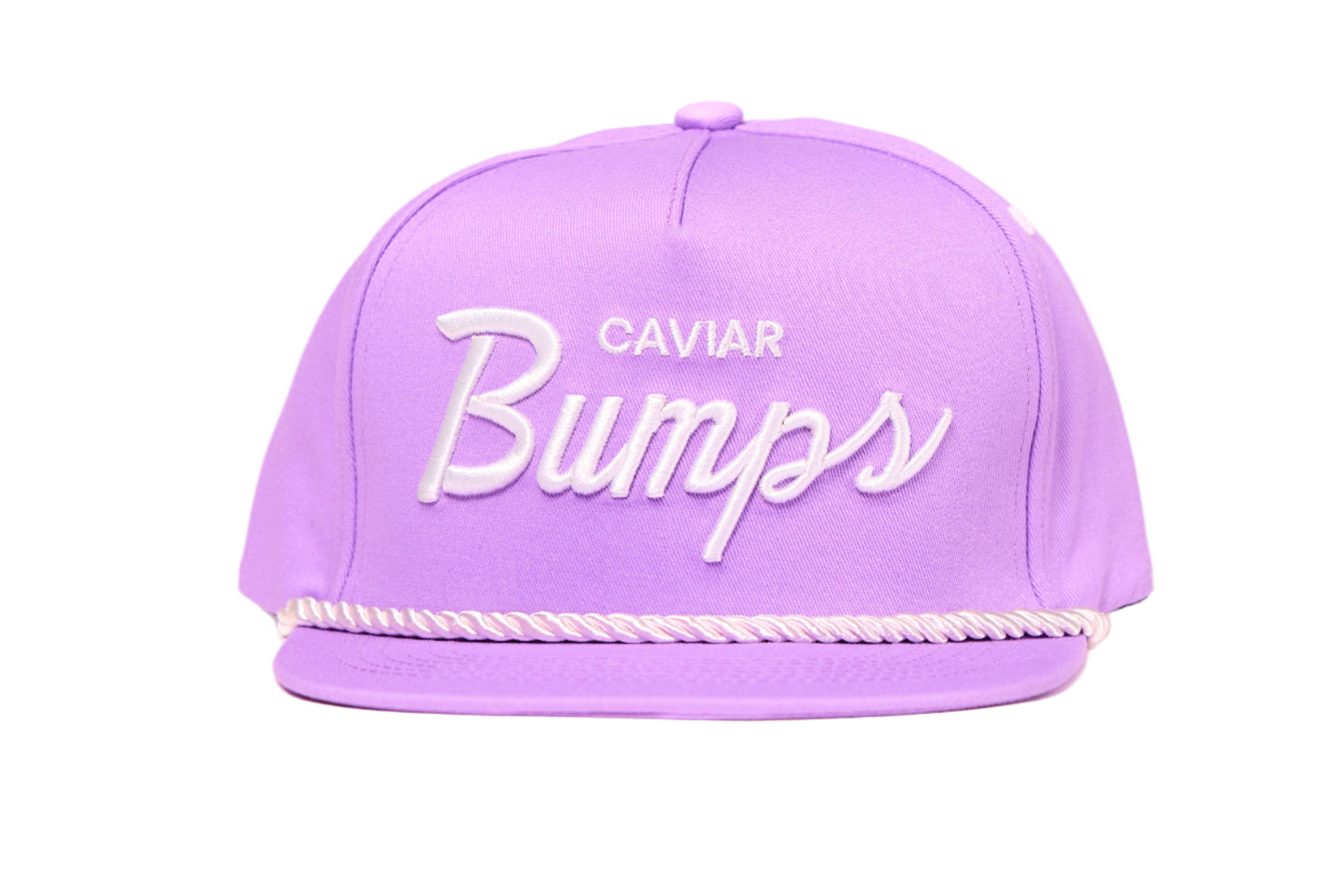 Lavender flat bill hat with 'Caviar Bumps' text on a white background
