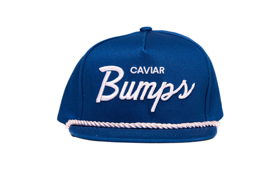 Navy Blue flat bill hat with 'Caviar Bumps' text on a white background