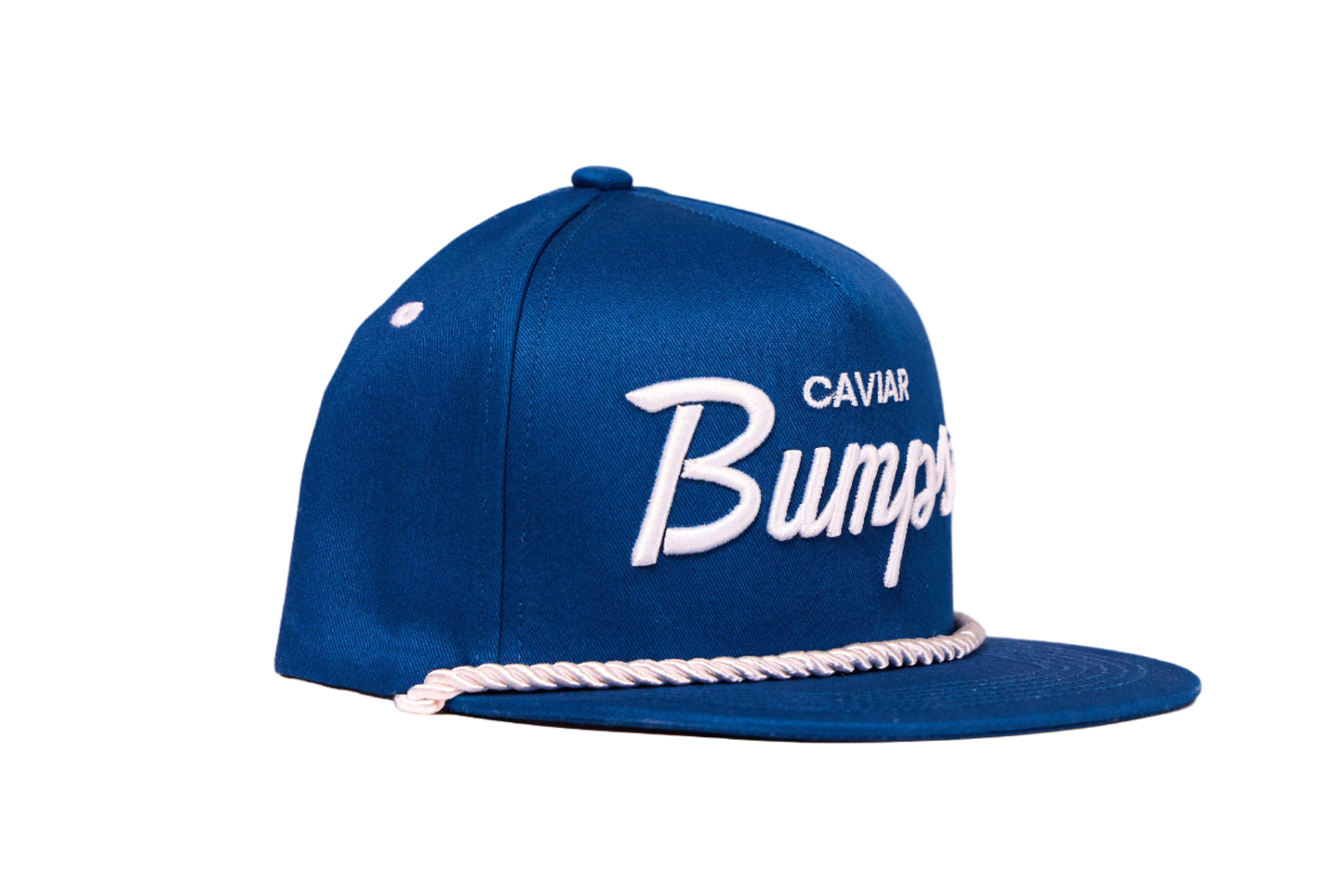 Navy blue flat bill hat with 'Caviar Bumps' text on a white background