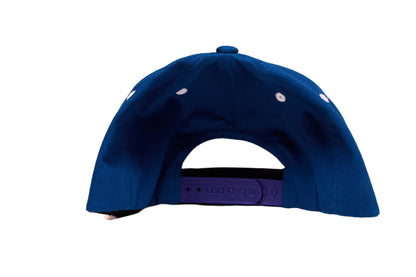 Navy blue flat bill hat with 'Caviar Bumps' text on a white background