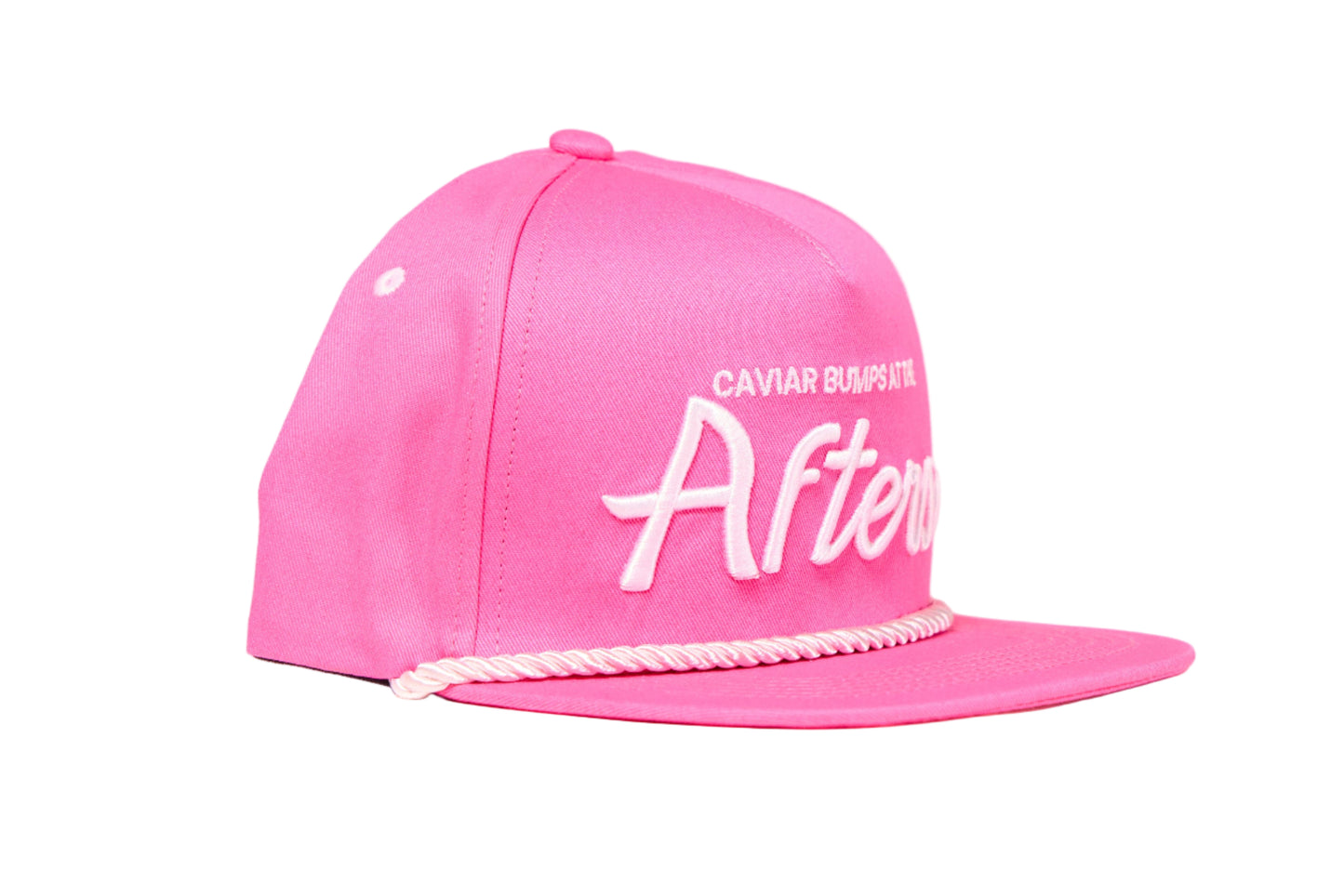 Pink flat brim hat with 90s script that readys Caviar Bumps at the afters
