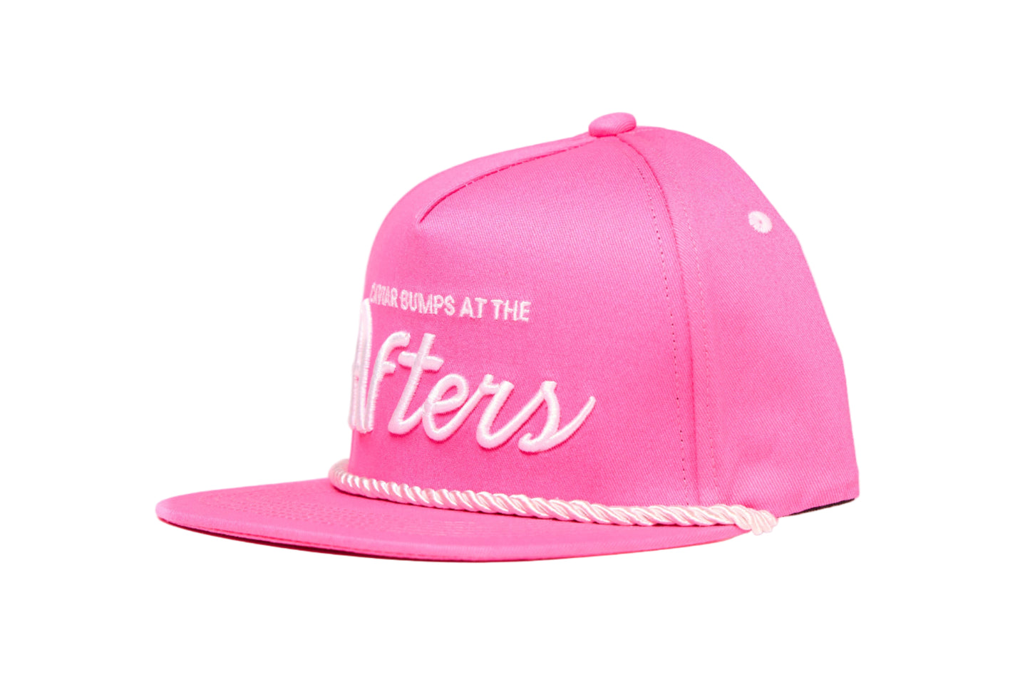 Pink flat brim hat with 90s script that readys Caviar Bumps at the afters