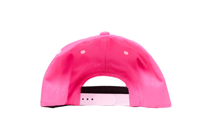 Pink flat brim hat with 90s script that readys Caviar Bumps at the afters