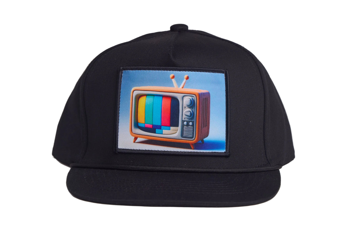 Black hat with a retro television graphic patch