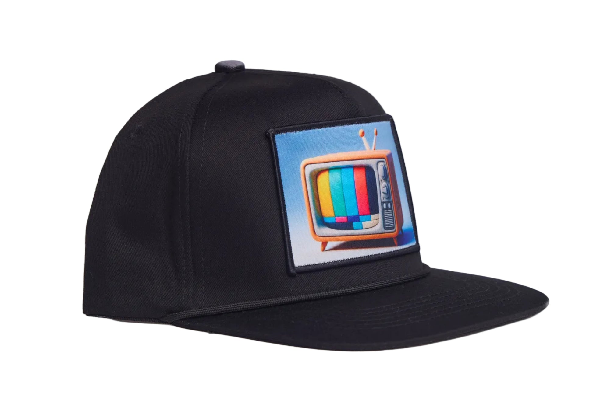 Black hat with a retro television graphic patchQ