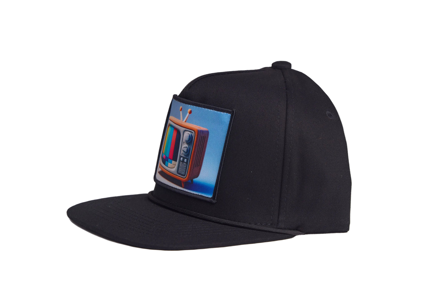 Black hat with a retro television graphic patch