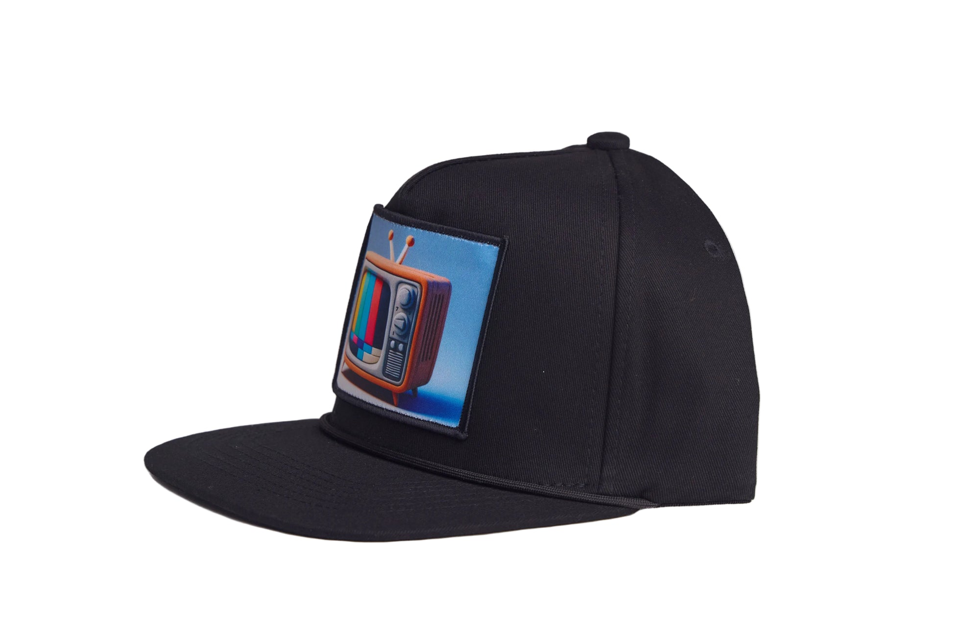 Black hat with a retro television graphic patch