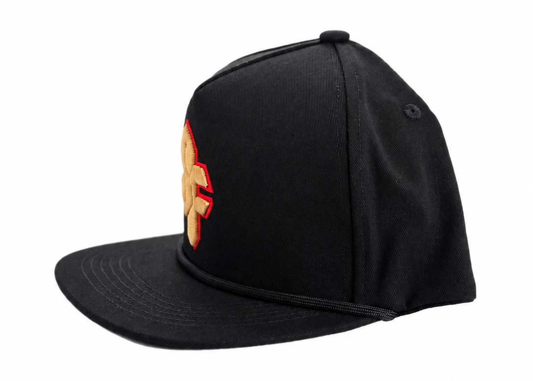 A black flat-brim baseball cap featuring a stylized embroidered logo of Cool SF on the front panel in gold and red, set against a plain white background.