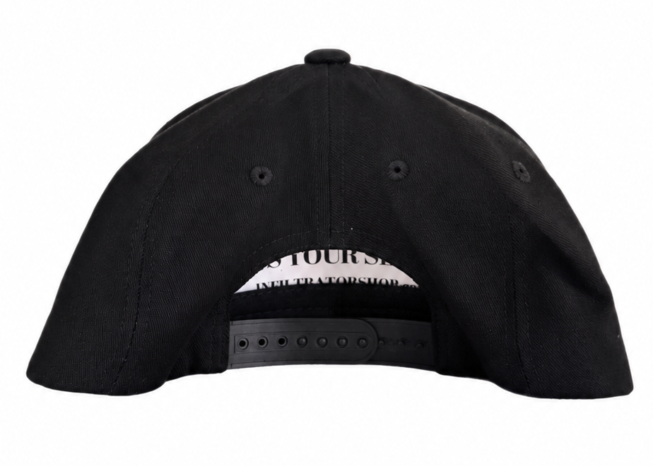 Black snapback cap shown from the back, featuring a black fabric crown, matching black button details, and a black adjustable strap