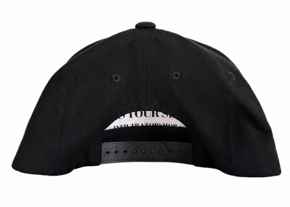 Black snapback cap shown from the back, featuring a black fabric crown, matching black button details, and a black adjustable strap