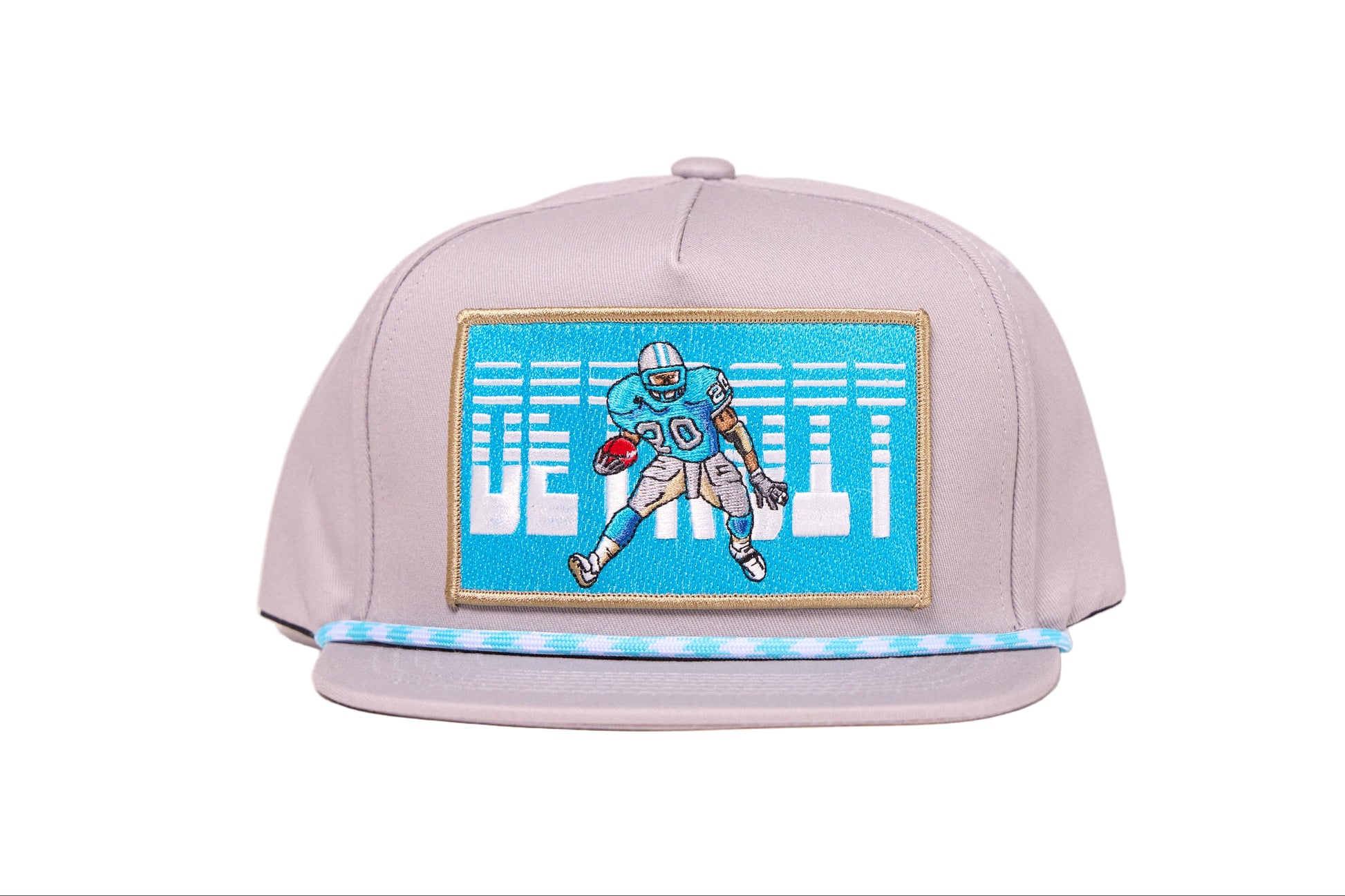 Gray cap with a Honolulu blue graphic of Detroit football player and text of the word Detrot