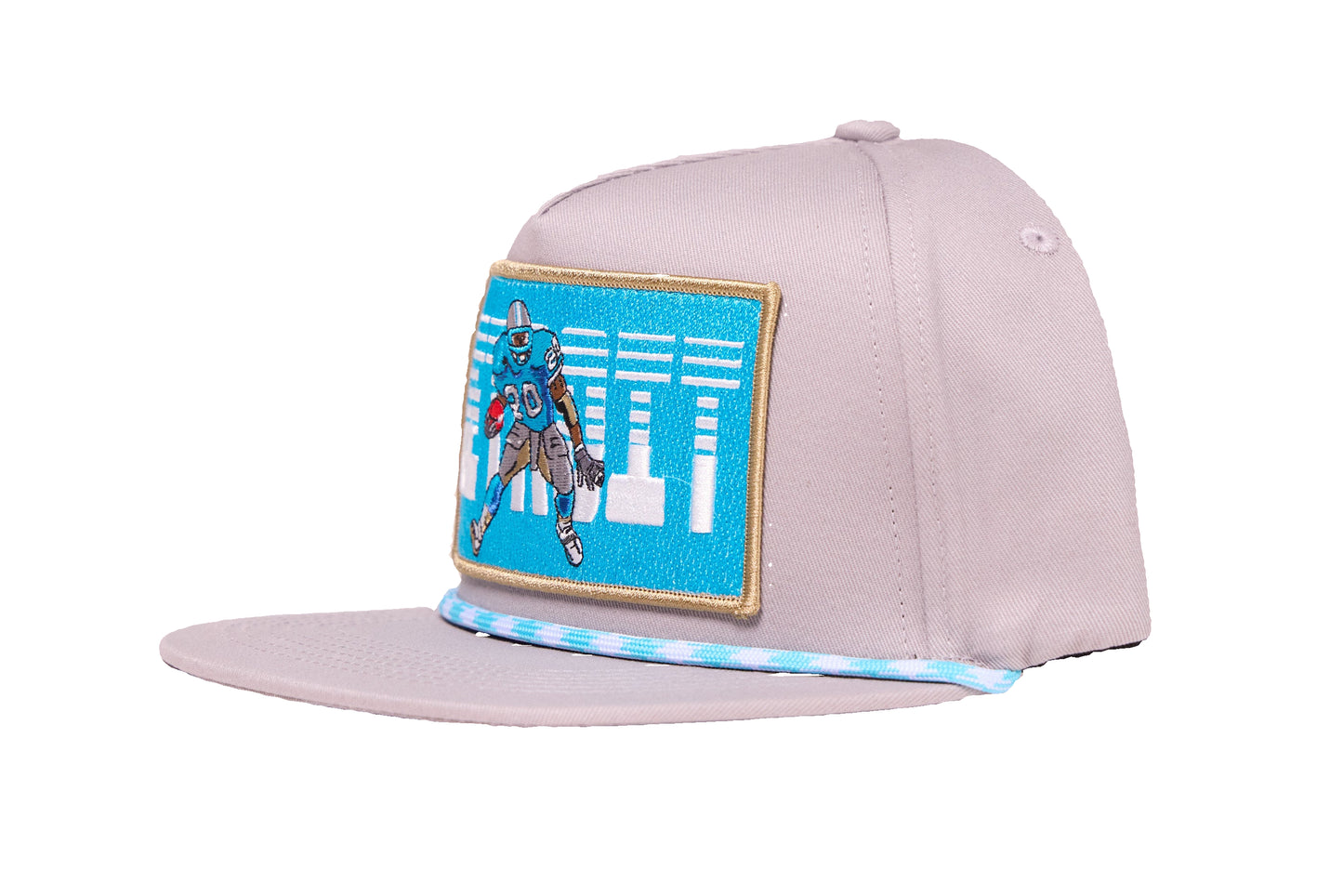 Gray cap with a Honolulu blue graphic of Detroit football player and text of the word Detrot