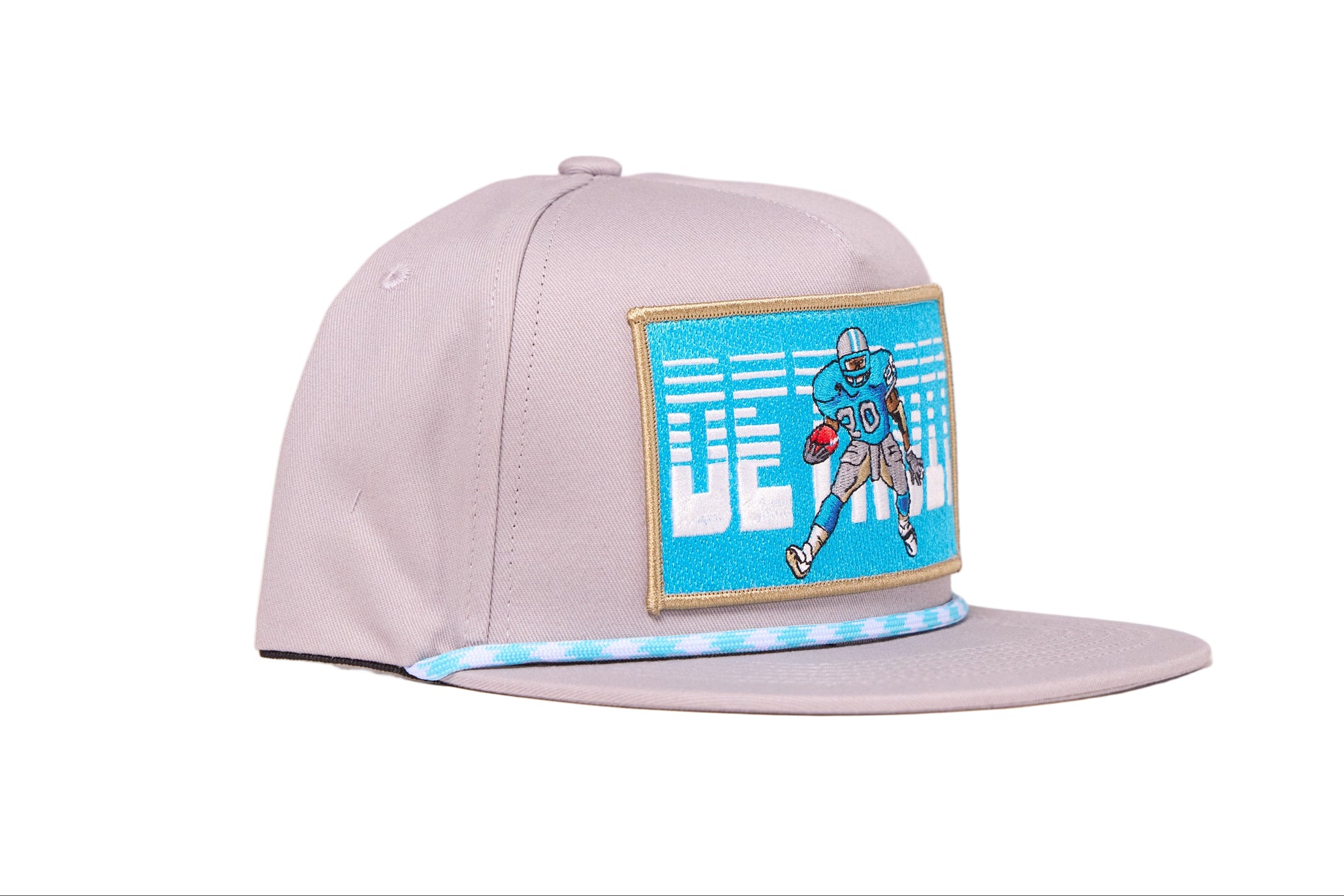 Gray cap with a Honolulu blue graphic of Detroit football player and text of the word Detrot